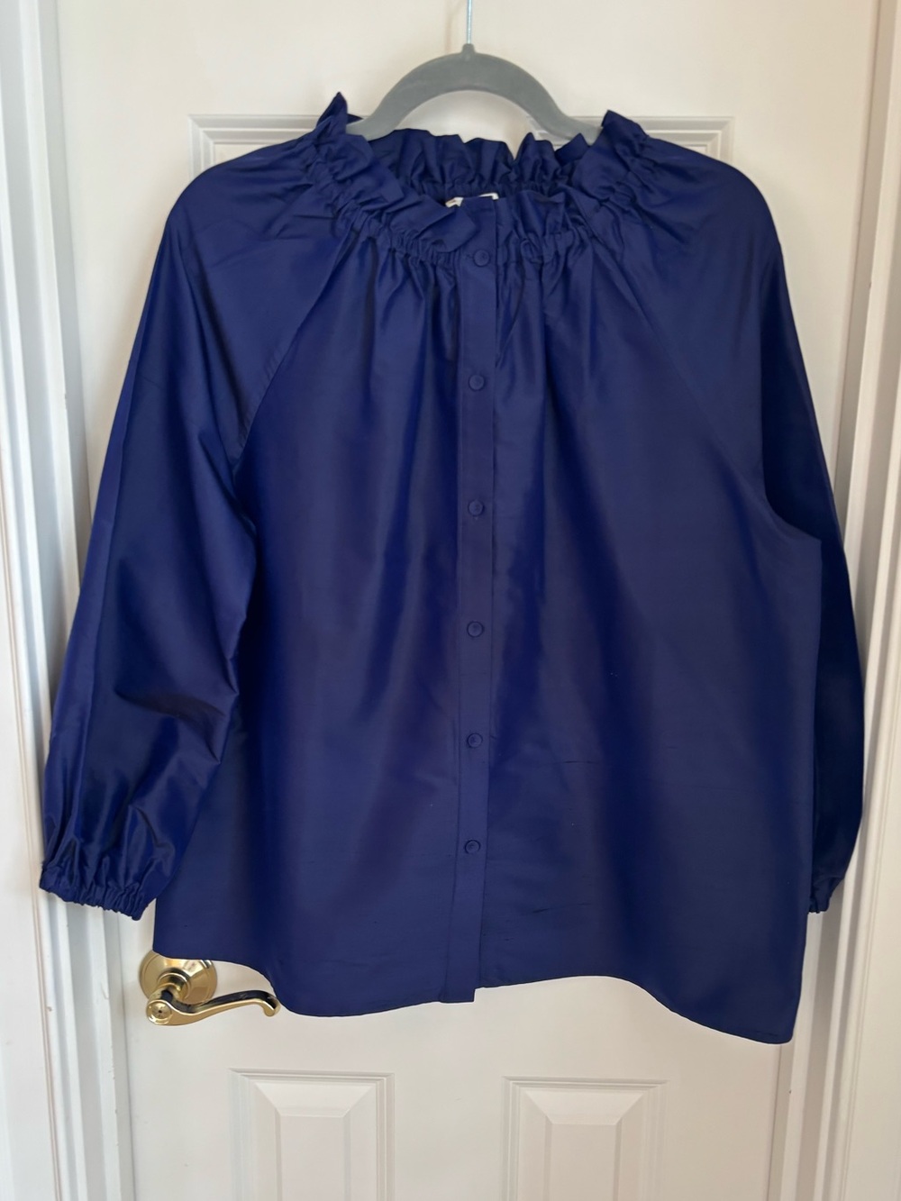 Ann Mashburn Navy Silk Ruffle Neck Button-Front Top-size M